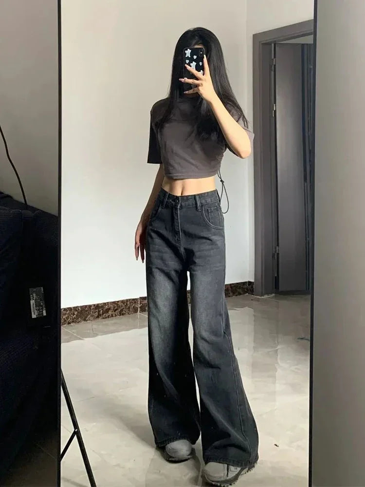 Botvotee Vintage Women's Black Grey High Waist Jeans Y2K Fashion Baggy Loose Straight Wide Leg Baggy Denim Trousers Pants