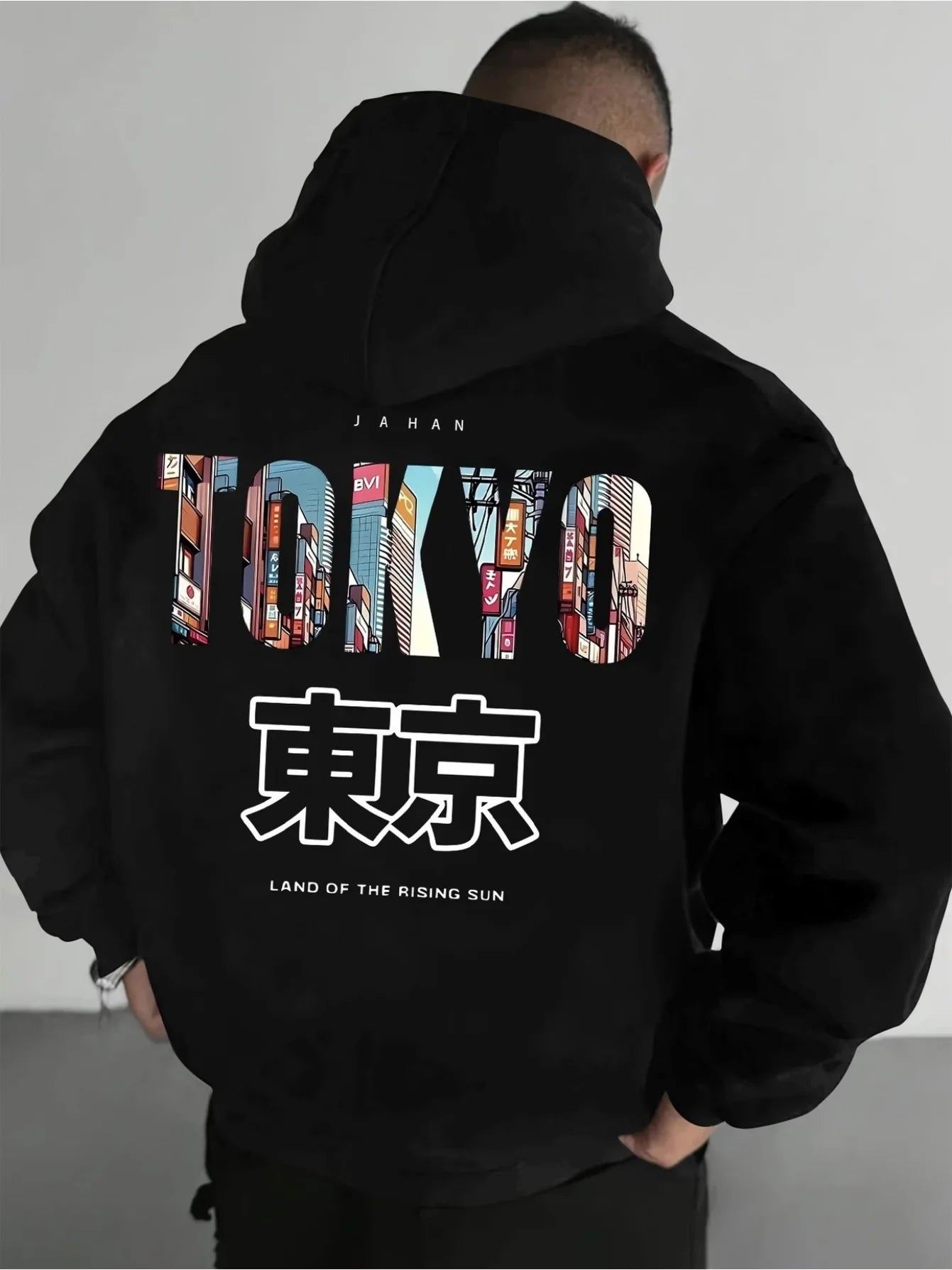 Men's casual printed hoodie regular fit, Japanese Tokyo minimalistic print fashion long-sleeve fleece pullover
