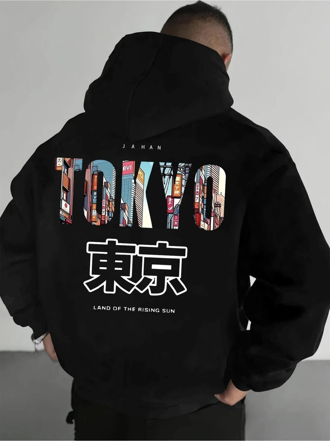 Men's casual printed hoodie regular fit, Japanese Tokyo minimalistic print fashion long-sleeve fleece pullover