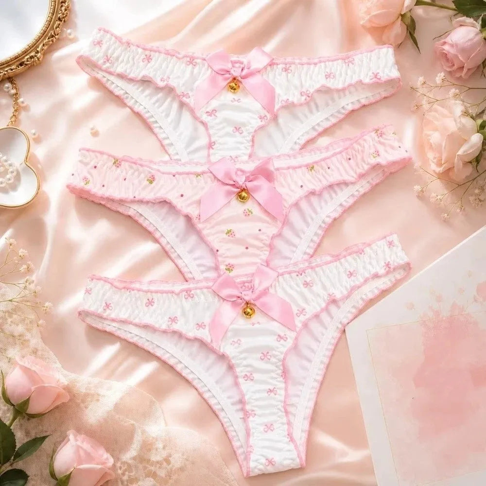 Japanese Style Sweet Bow Women Panties Ruffle Low Waist Girls Briefs Flower Ice Silk Printed Underwear Students
