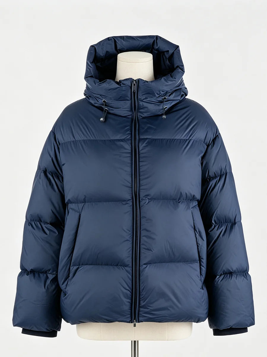 RU Women Hooded Short Puffer  Zip‑Up Loose Long Sleeve Drawstring Hood Warm Winter Female Outerwear