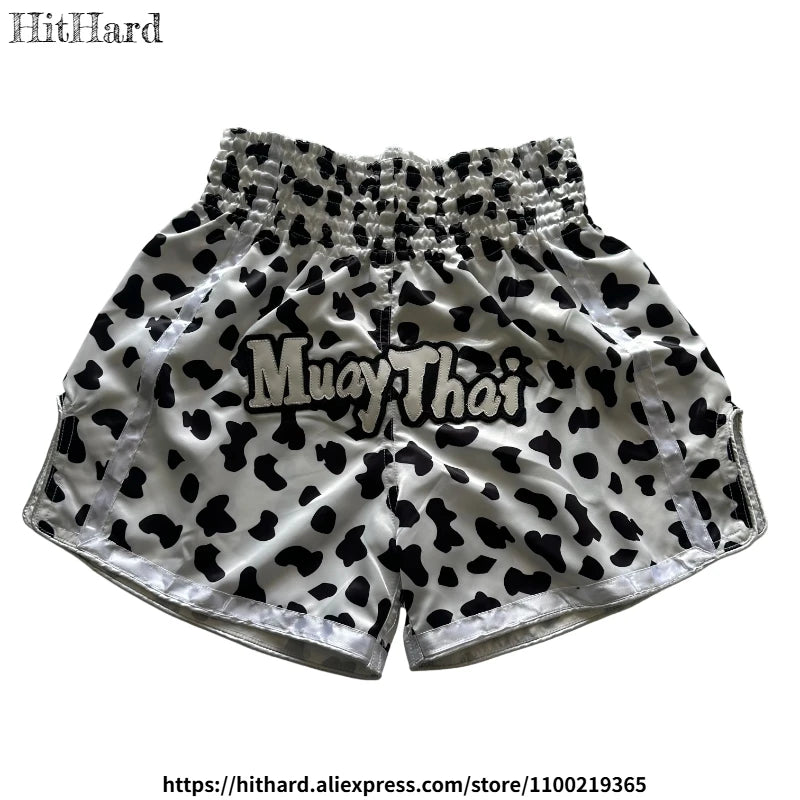 Muay Thai Shorts Men Women Kids Leopard Thai Boxing Shorts Premium Embroidery Satin Gym Kickboxing Fight Training BJJ MMA Pants