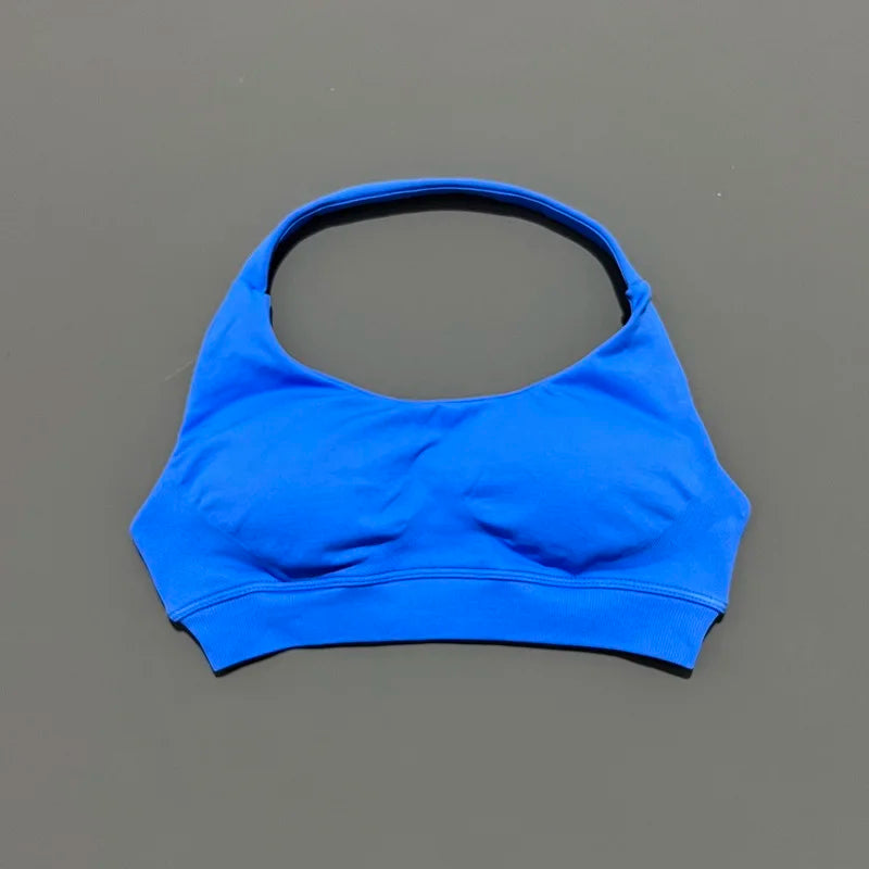 Histello Sports Bra Women Seamless Halter Clothes Neck Strap Padded Yoga Top Gym Backless Bra Running Sportswear Workout Tops - ATFH