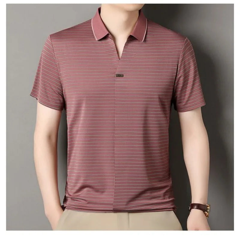 Ice Silk Short-sleeved Striped Men's T-shirt Summer New Lapel POLO Shirt Casual Fashion Top