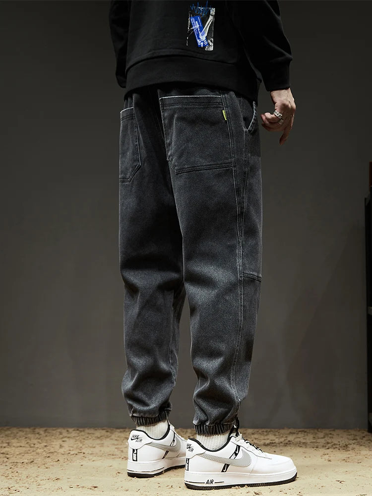 Spring Summer Men's Cargo Jeans Slight Stretch Cotton Denim Jogger Pants Black Blue Streetwear Baggy Jeans ATFH