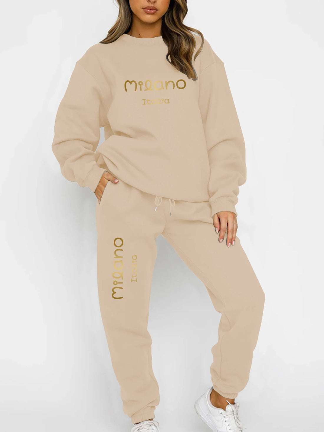 Autumn and Winter Essential Fleece-Lined Thickened Crewneck Sweatshirt Set, European and American Trendy Couple's Sweatshirt and Sweatpants Two-Piece Set, Women's Loose Oversize Sweatshirt + Long Pants, Long-Sleeve Regular Fi