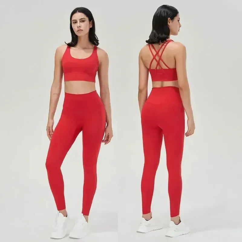 Women's 2 Piece Sports Set - High Waist Booty-Lifting Leggings with Back Pocket & Sports Bra Yoga/Gym/Running Workout Outfit - ATFH