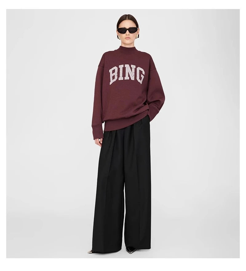 2025 Winter New North American Niche Classic Letter BING Printed Inner Fleece High Neck Loose Women's Sweatshirt - ATFH