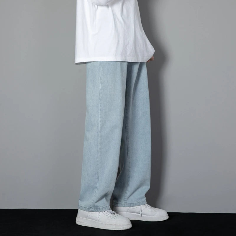 2026 New Korean Men's Casual Long Jeans Classic Man Straight Denim Wide-leg Pants Solid Color Light Blue Grey Black ATFH