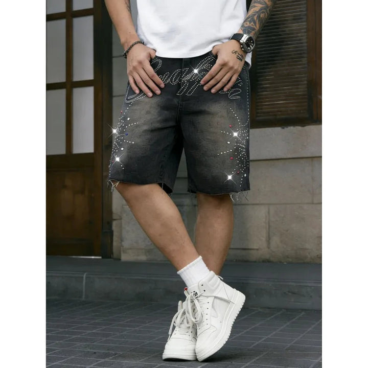 American Streetwear Men's Non-Stretch Denim Shorts Rhinestone Letter Washed Frayed Hem Knee-Length Summer Jeans Shorts ATFH
