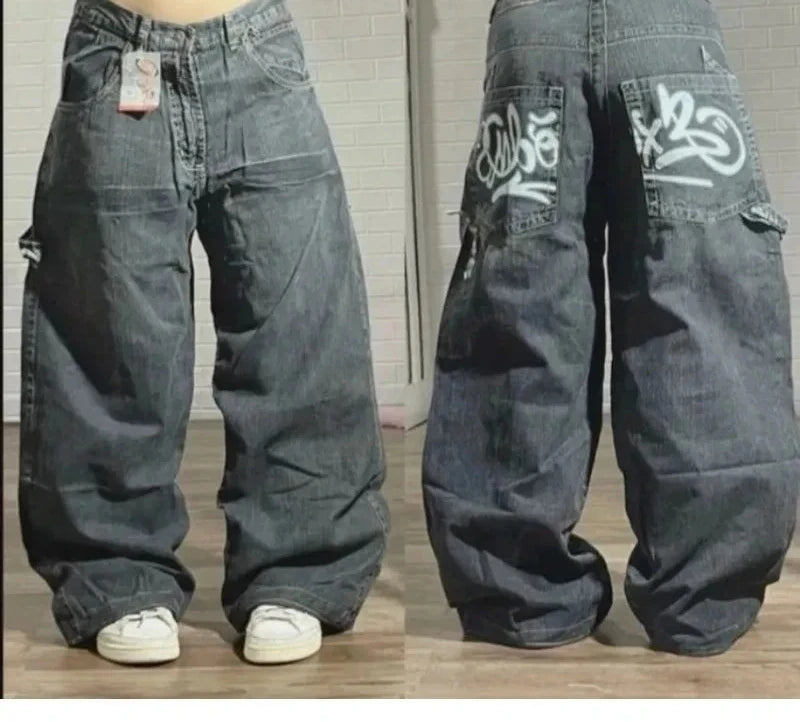 Harajuku Patchwork Cherry Blossom Embroidery Denim Pants Y2K Vintage Women Baggy Straight Wide Leg Jeans Street Men Clothes ATFH