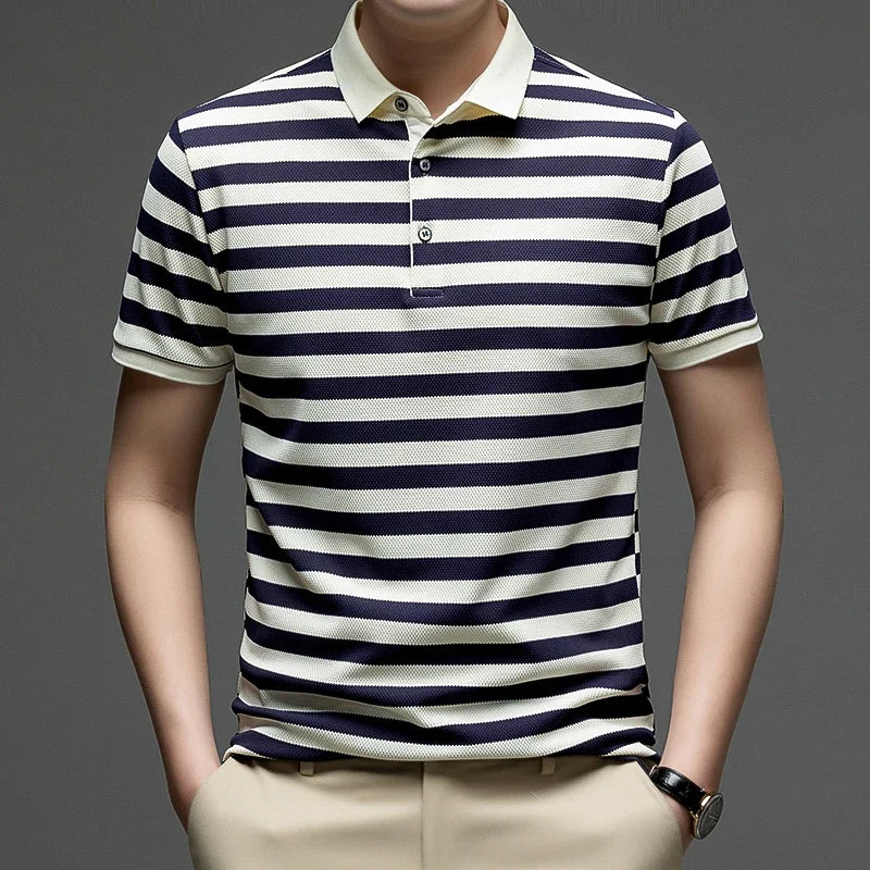 Mens Summer Striped Polo Shirt Short Sleeve Lightweight Breathable Collared Casual Top For Men