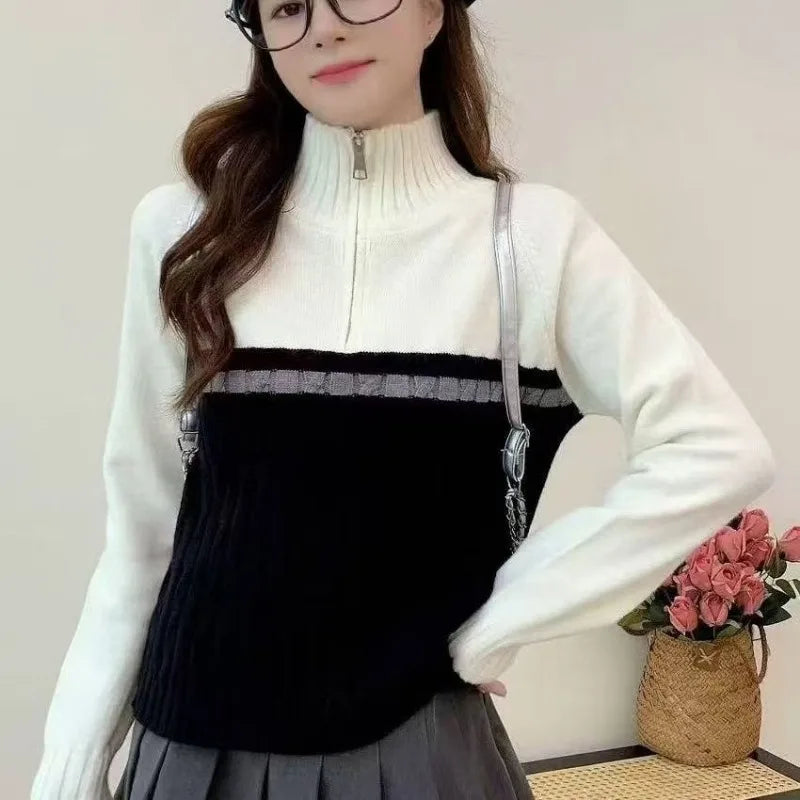 Lapel Half Zipper Turtleneck Knitted Jacket Sweater Autumn and Winter Fashion Loose Color Combination New Style - ATFH