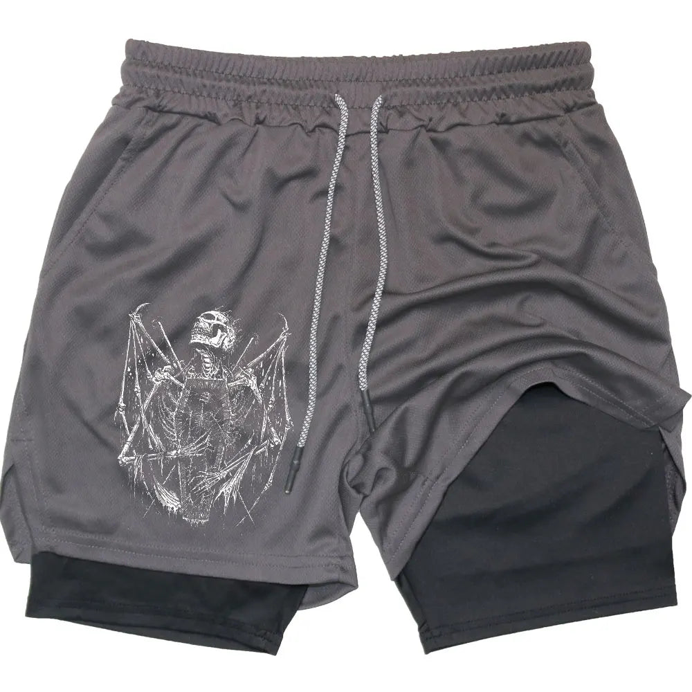 Shorts Men Quick-drying Fitness Skull Print Double Layer Shorts Workout Training Running Bodybuilding Sportwear