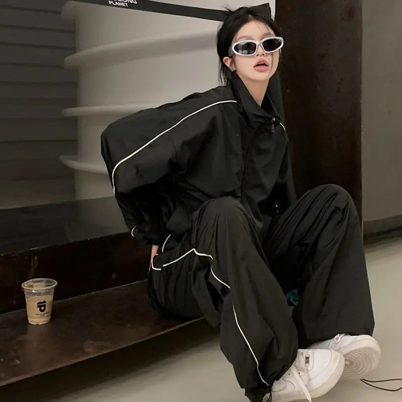 Black Tracksuit Sets Women Spring Autumn Casual Loose Black Sports Suit Female Zipper Jacket + Wide Leg Pants Two-piece Outfits