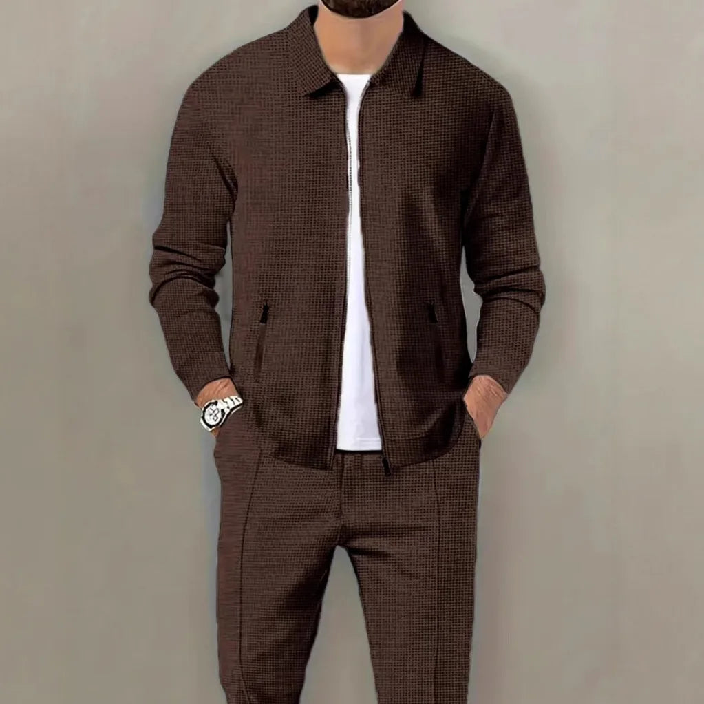 Men's Spring Waffle Two-Piece Set Casual Sports Suit with Zipper Long-Sleeved Jacket And Pants Collared - ATFH