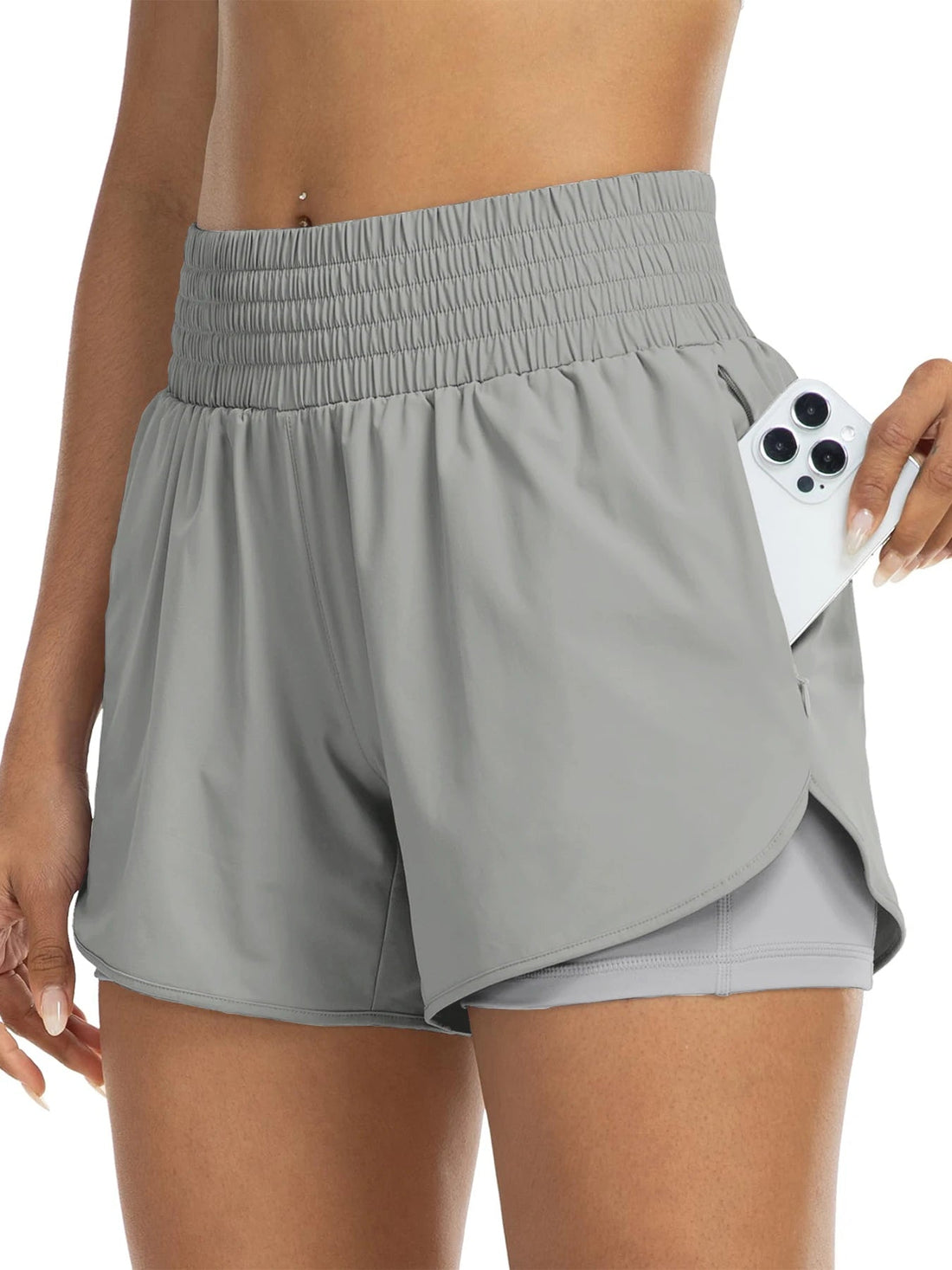Women's high-waisted athletic shorts for running, yoga, layered design, anti-exposure, fitness, and workout with pockets Tahsi Fashion House