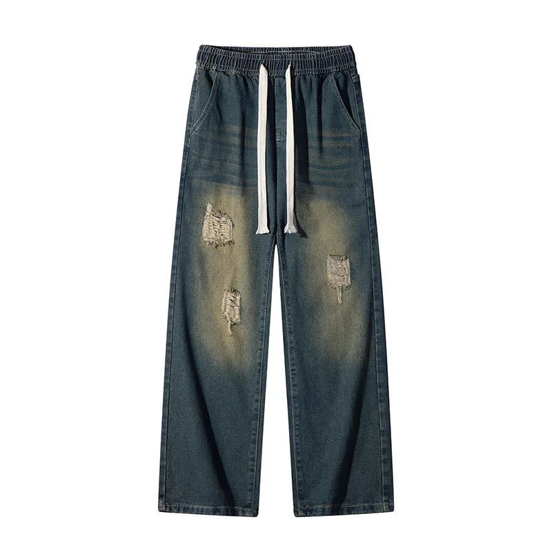 Broken hole jeans men's 2025 summer new loose straight leg American high street wide leg pants trendy brand versatile long pants ATFH