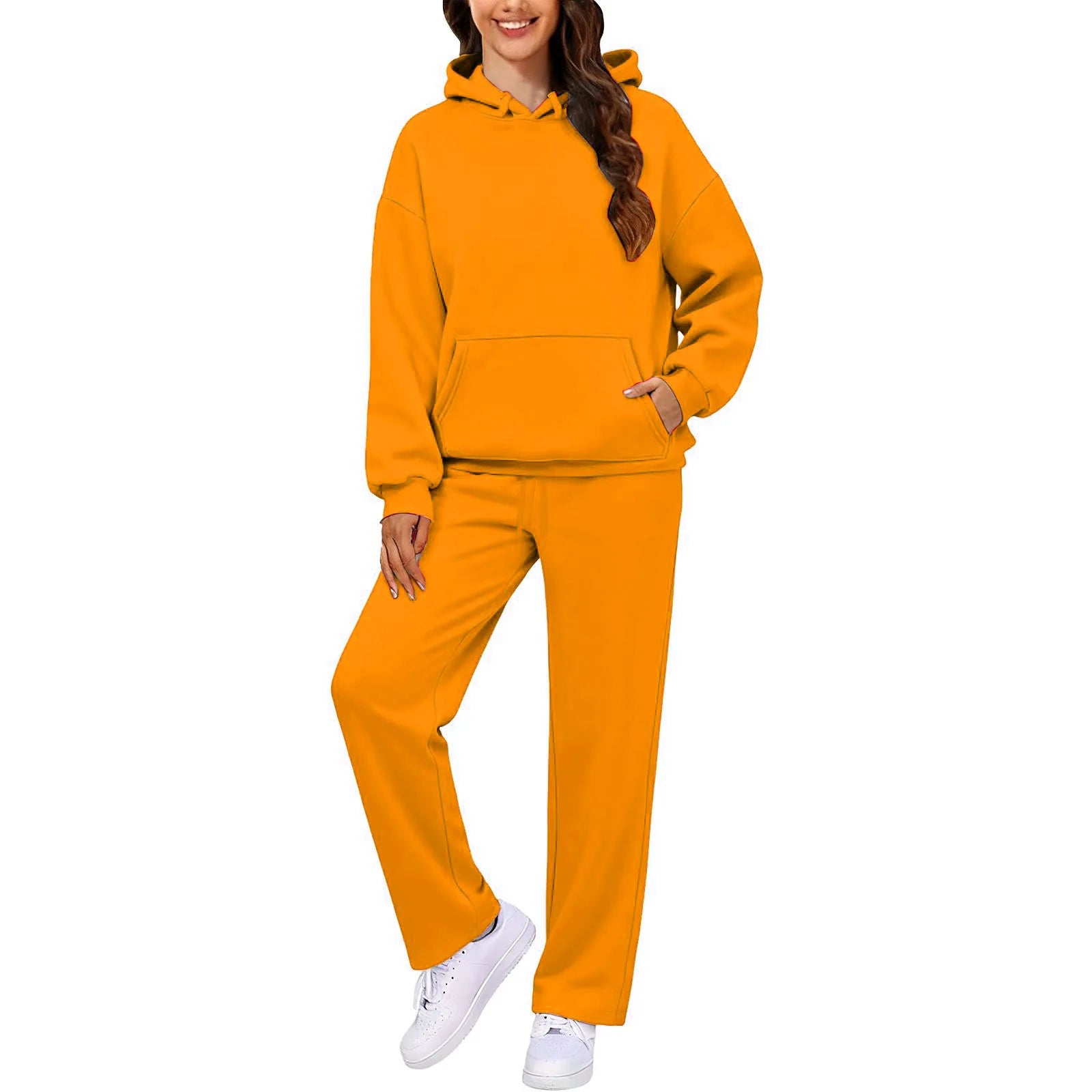 Autumn Winter Women Hoodie+Wide Leg Pants Two Pieces Casual Fleece Loose Long Sleeve Tracksuit Comfortable Sports Women Suit