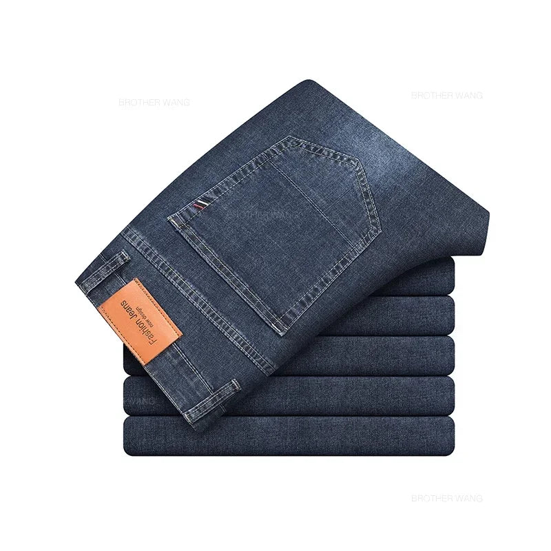 Summer Thin Men's Elastic Cotton Jeans Fashion Gray Comfortable Business Straight Casual Pants Brand Male Clothes Trousers ATFH
