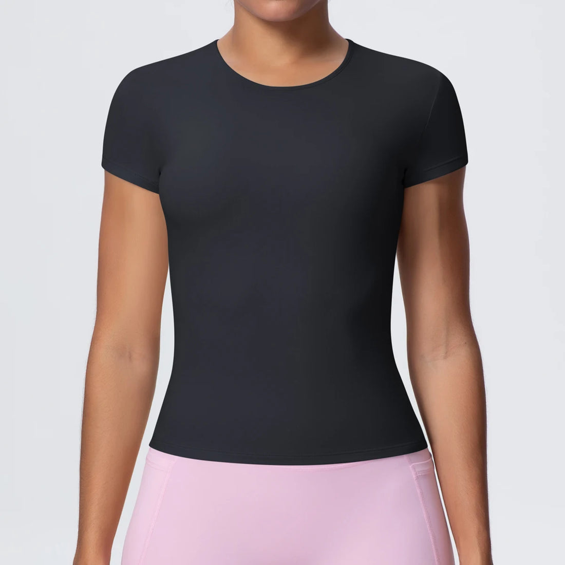 Woman Solid Color Workout Top T-Shirt Quick Drying Breathable Short Sleeve Gym Sports Running Slim Casual Yoga Top Clothing - ATFH