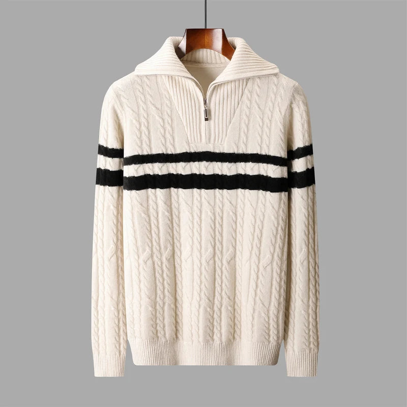 Thick Sweater Men 100% Wool Pullover Knitwear Half Ziper Turn-down Neck Knitted Top Casual Twist Flower Pure Wool Sweater - ATFH