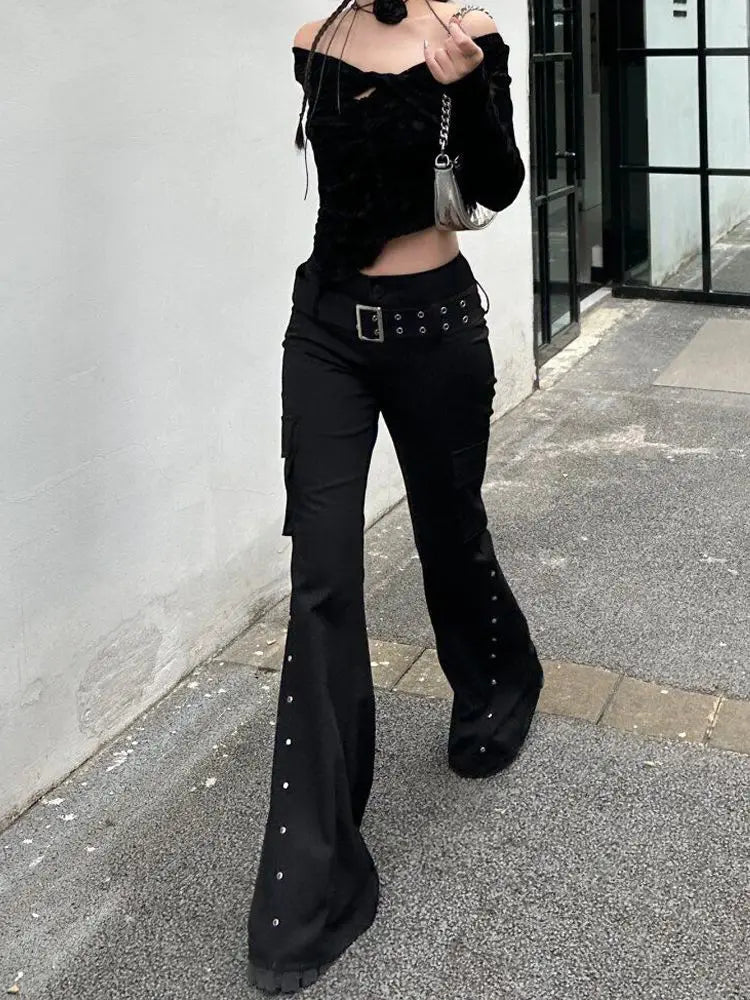 Retro new pure black rivet design belt decorative slim pants for women y2k Harajuku Goth low-waisted flared pants ATFH