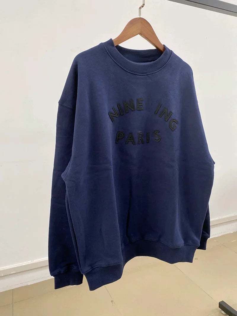 Warm hoodie women's spin off 2025 autumn chest letter embroidery deep blue pure cotton sportswear pullover - ATFH
