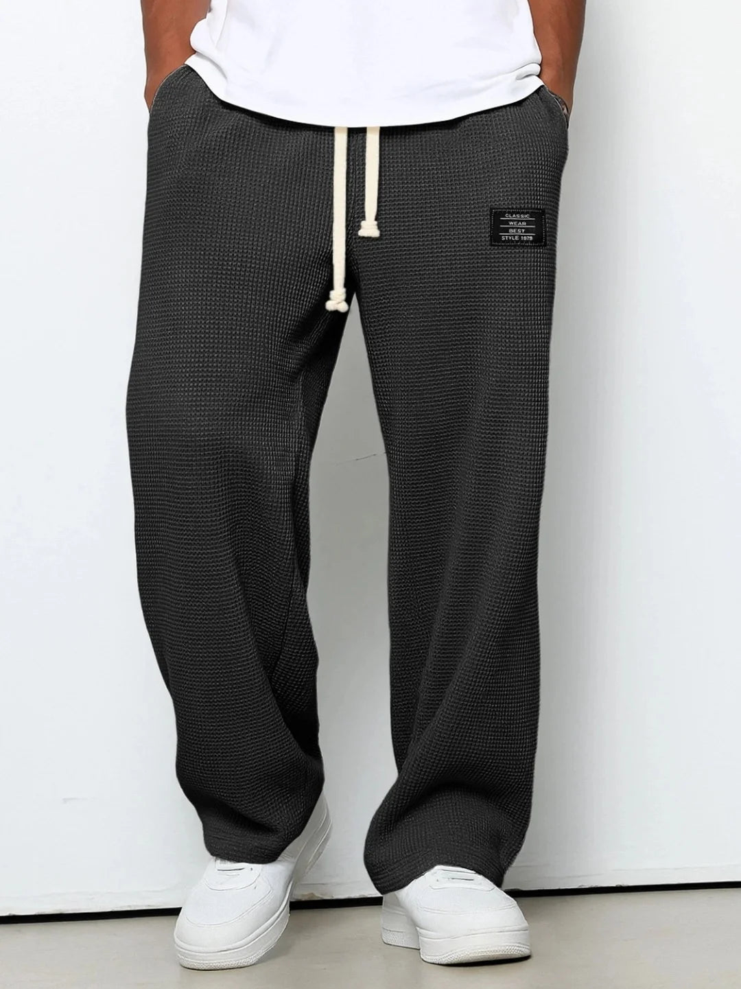 Men's spring-summer trendy brand loose-fitting stretchy straight-leg sweatpants. Waffle fabric. Micro-bouncy sporty casual pants