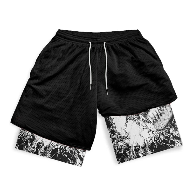 Y2K Gothic Punk Skull Print 2 in 1 Shorts for Men Gym Athletic Performance Shorts with Pockets Summer Workout Fitness Running