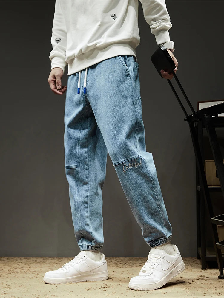 Spring Summer Men's Cargo Jeans Slight Stretch Cotton Denim Jogger Pants Black Blue Streetwear Baggy Jeans ATFH