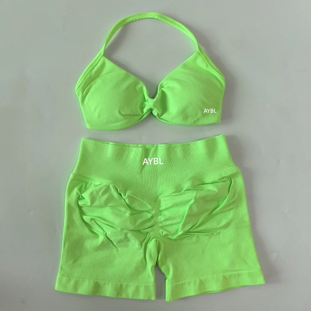 Trendy 2PCS Gym Set Women Strappy Yoga Bra Top High Waist Workout Scrunch Shorts Sports Suit Seamless Yoga Set Fitness Clothes Tahsi Fashion House