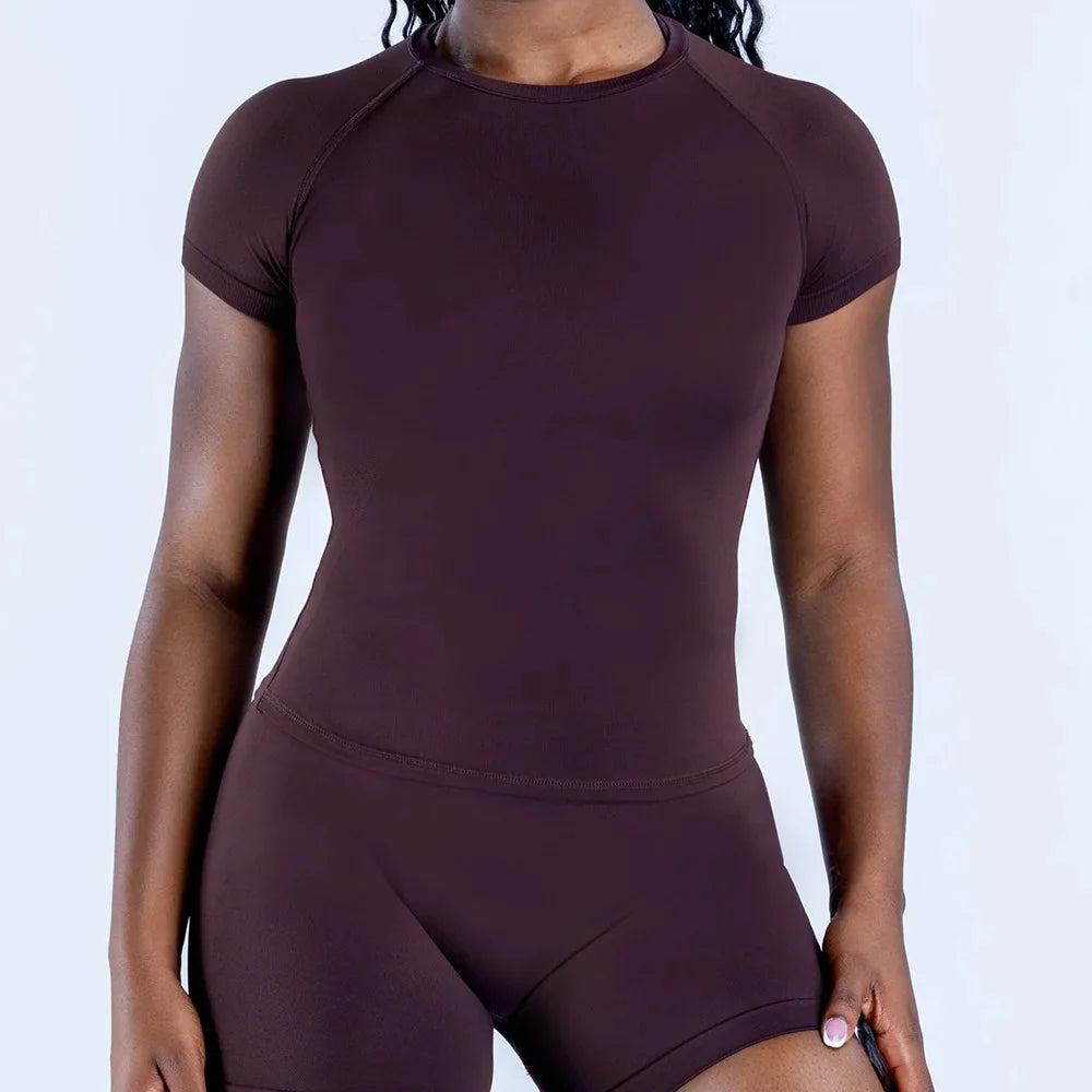 Select Summer Seamless Gym Navel Tee Yoga Suit Running Sports Tee Fitness Training Sports Tee Customizable Label - ATFH