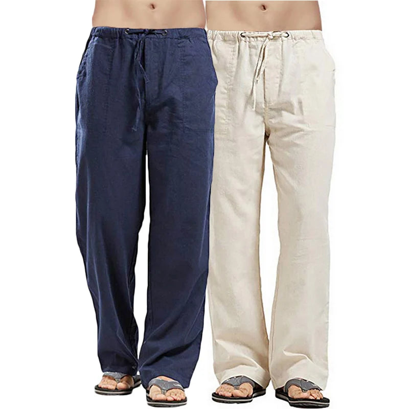 New Breathable Linen pants Mens 2-Pcs Summer Lightweight Cool Casual Pants Loose Drawstring Trousers Outdoor Work Classic Pants