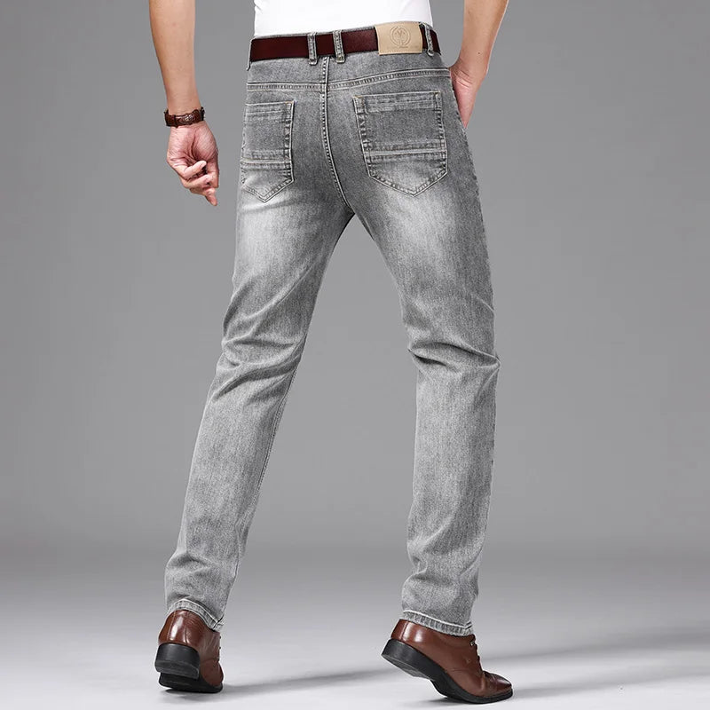 Spring/Summer 2023 Men's Gray Frayed Thin Jeans Classic Style Business Fashion Cotton Denim Stretch Pants Male Brand Trousers ATFH