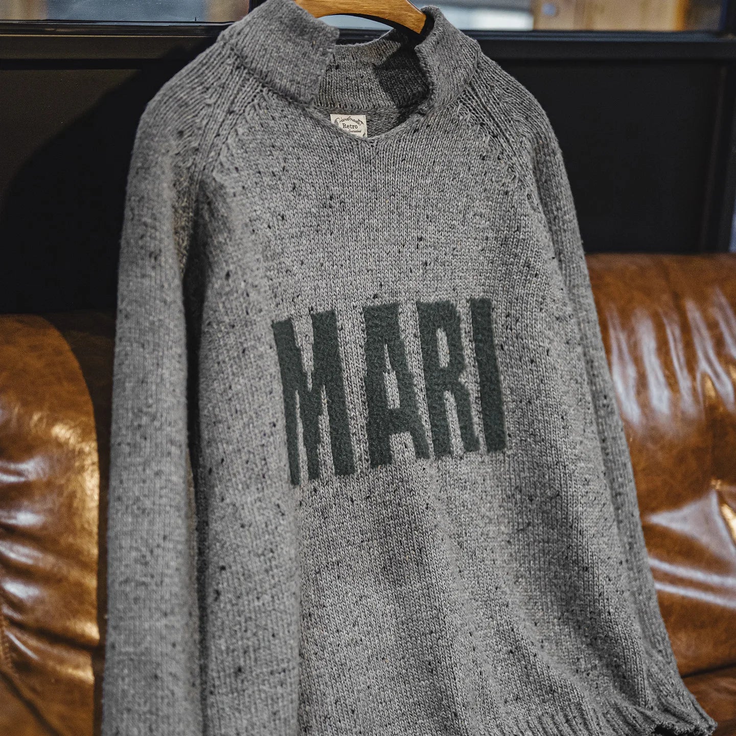 Maden Vintage Men's Gray Letter Jacquard Sweater V-Neck Draped Pullover Thermal Heathered Effect Knitwear for Autumn Winter - ATFH