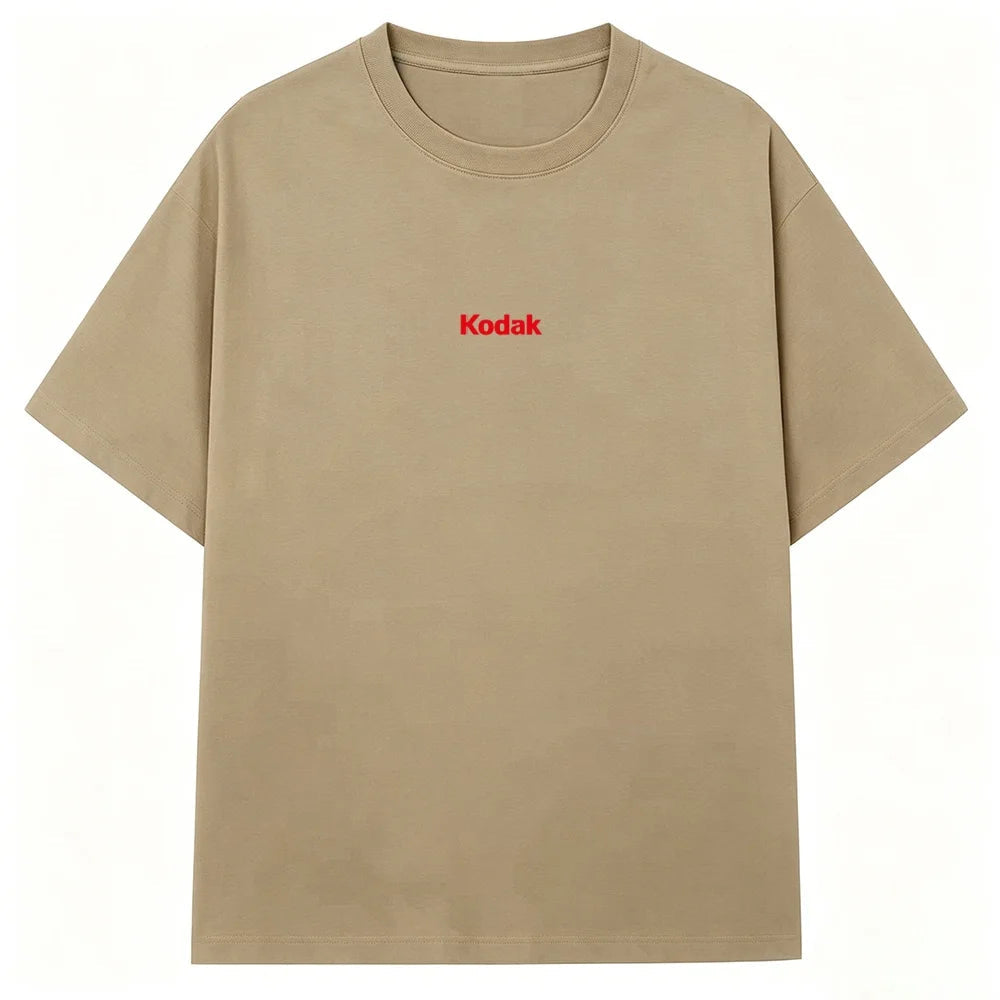 Black Kodak Basic Red Center Logo Graphic Tee, Simple White-on-Black Brand Print, Cotton Crewneck for Daily Casual Wear ATFH