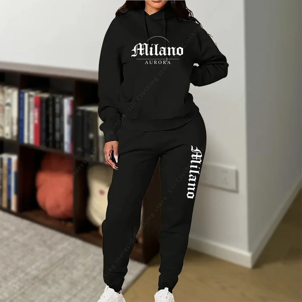 Matching Set for Woman Hoodies Sweatpants Set Fall Winter Athleisure MLANO Letter Print Fleece 2 Piece Womens Tracksuit 2026 New