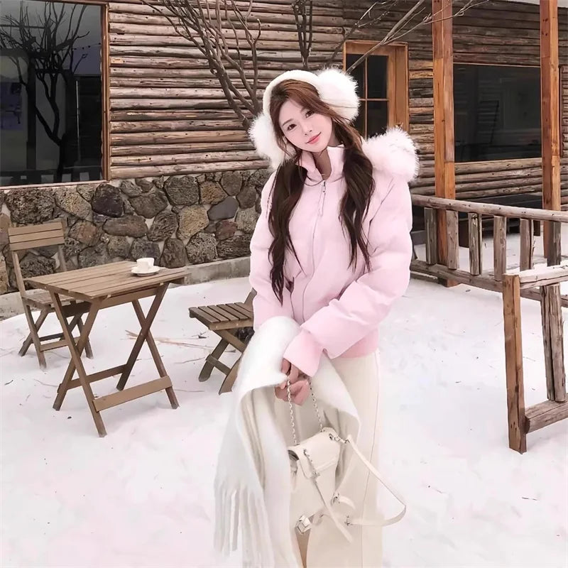 Korean Cotton Jacket Women's Short Winter 2026 New Item Small Cotton Jacket Big Fur Collar Waist Slimming Cotton Jacket Pink