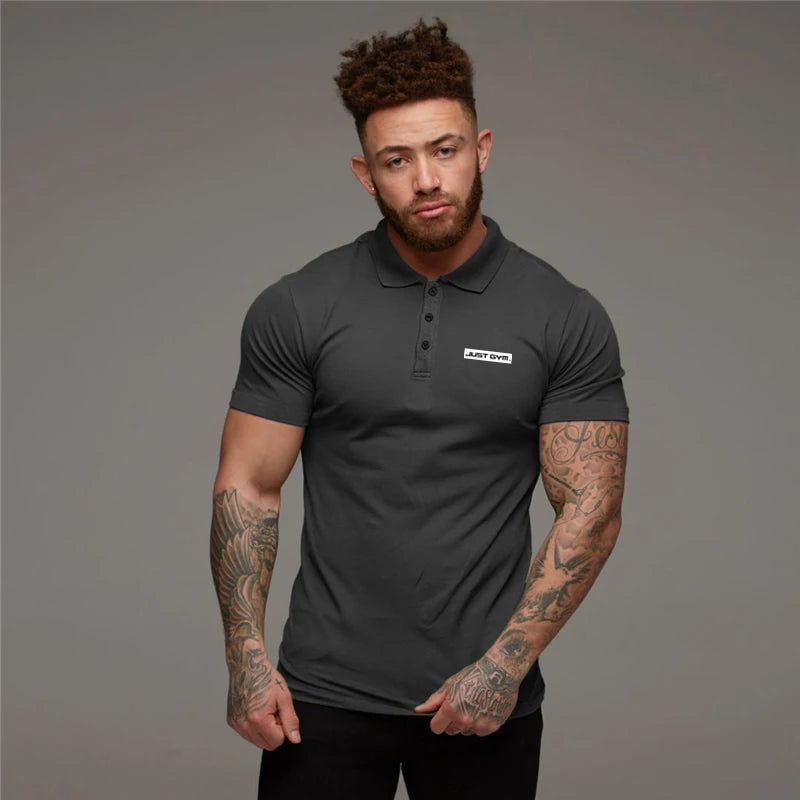 Fashion Lapel Tight Polo Shirts Cotton Breathable Short Sleeves T-Shirts Gym Workout Muscle Tops Mens Bodybuilding Fitness Polos