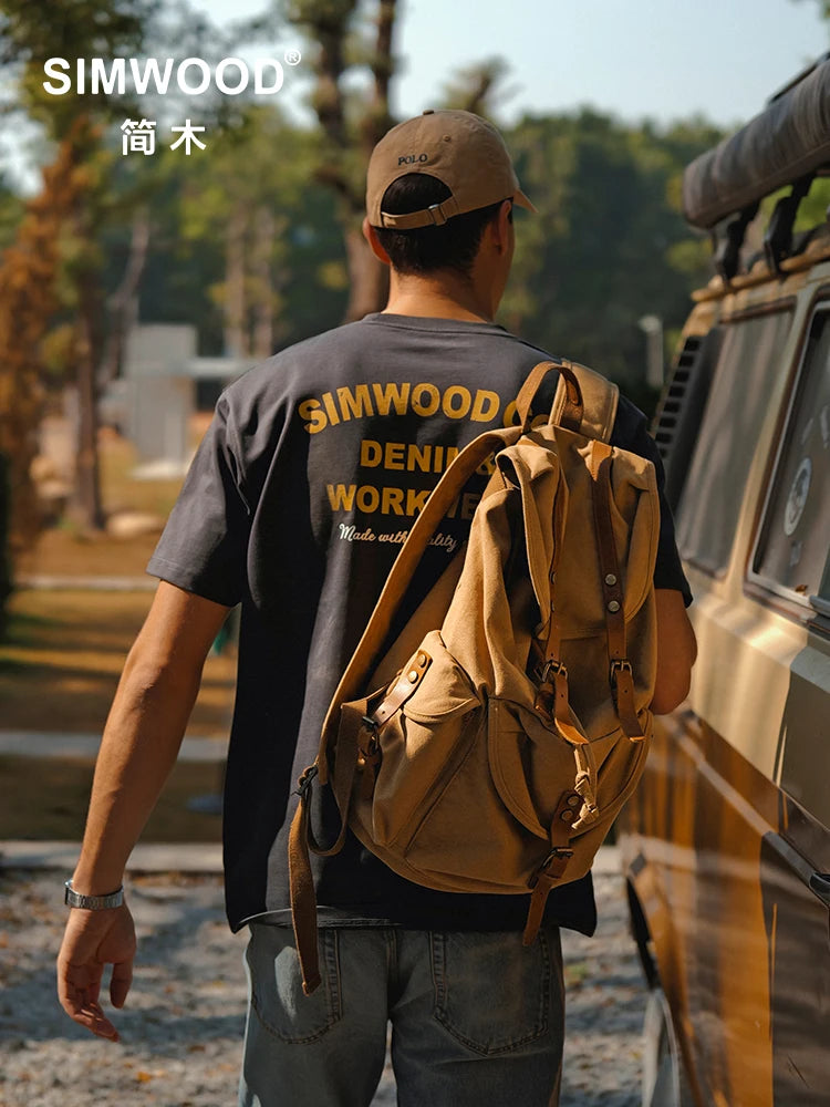 SIMWOOD Summer New 260gsm 100% Cotton Fabric Washed Vintage Letter Print T-shirts Men Plus Size Tops - ATFH