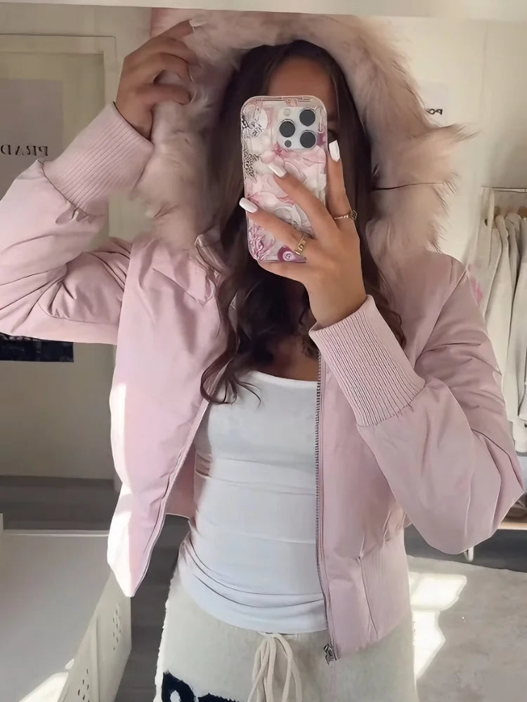 Fashion Faux Fur Hooded Cotton Jacket For Women Elegant Long Sleeve Zipper Coat Female 2026 Autumn Winter Warm Thicken Outerwear