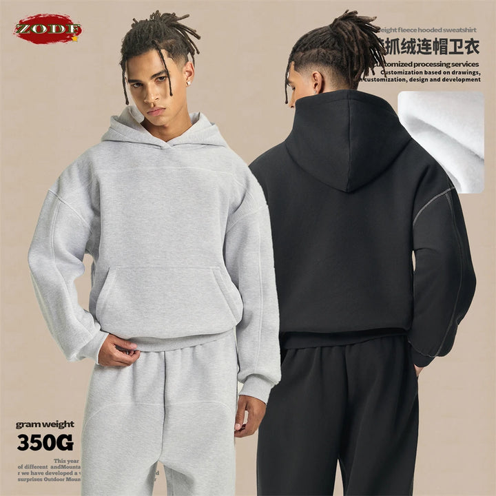 ZODF Trendy Men 350gsm Fleece Loose Boxy Fit Hooded Hoodie Unisex Hip Hop Solid Warm Pullovers Coat For Winter HY0032 - ATFH