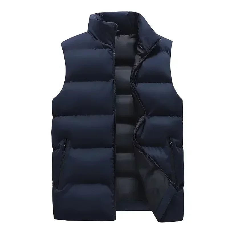 New Vest Men Winter Thick Cotton-Padded Stand Collar Vests Solid Sleeveless Zipper Jacket Male Warm Waistcoat Gilet Veste Hommes