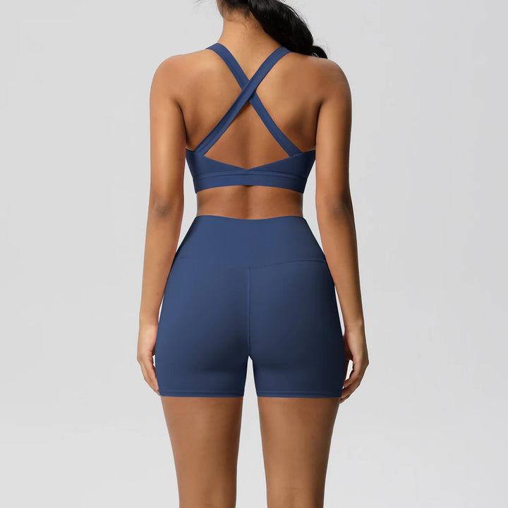 2PCS Sportswear With Pocketed Yoga Set Gym Clothes Yoga Suits For Women Tracksuits Sports Shorts Crossover Bra Gym Leggings - ATFH