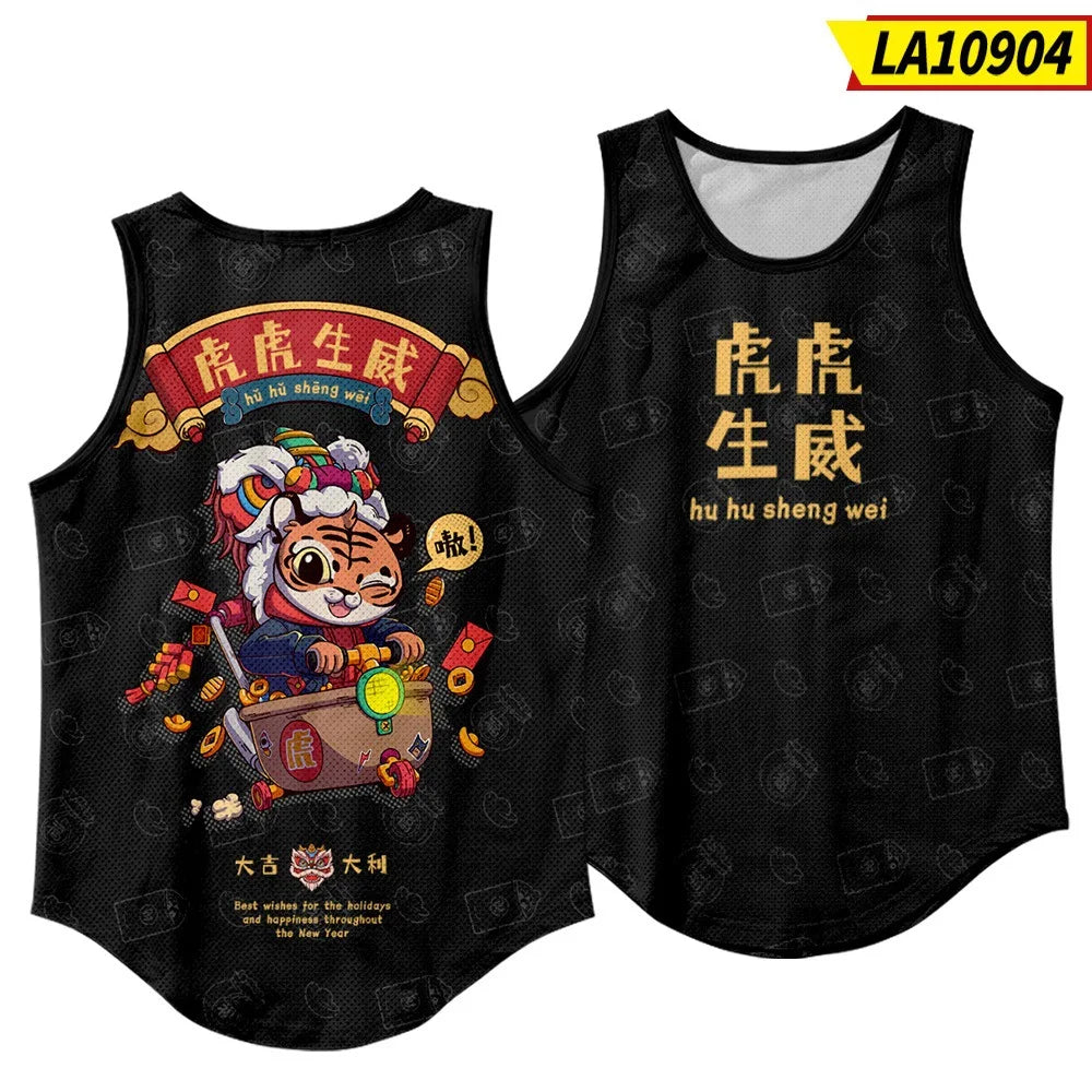 Summer Workout Black Print Sleeveless Beach Undershirt Vest Men Tank Top Gym Stringer Singlets Fitness Clothing