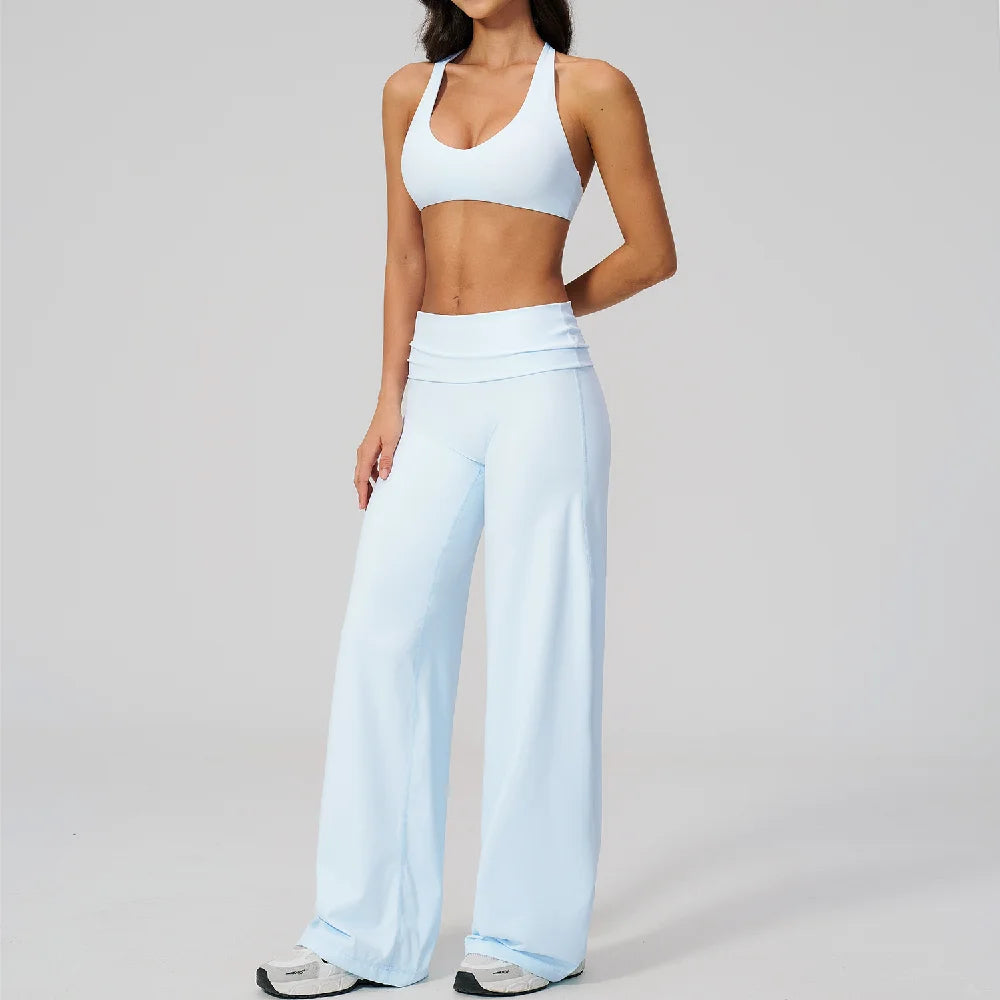 2PCS Fitness Suit Gym Tracksuits Deep V Yoga Bra Athletic Wear Female High Waist Workout Flared Pants Sports Set Yoga Clothes