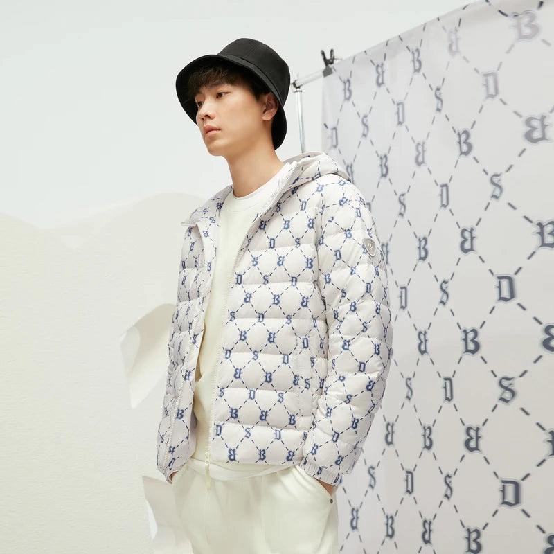 Monogram Print Down Jacket Men Hooded Streetwear Elastic Cuff Warm Winter Puffer Coat Bosideng Big Size Jacket for Men