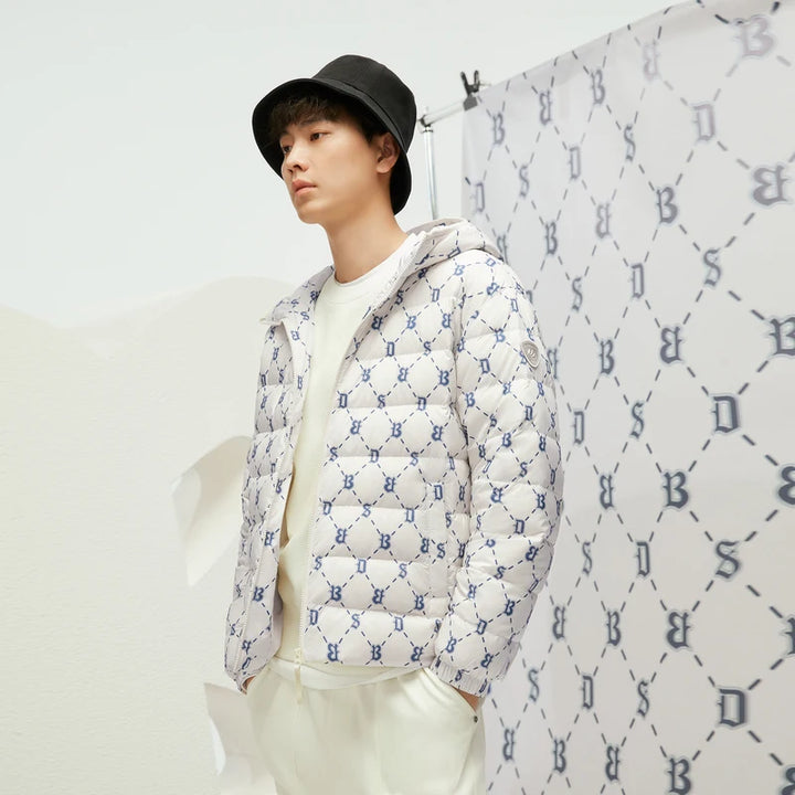 Monogram Print Down Jacket Men Hooded Streetwear Elastic Cuff Warm Winter Puffer Coat Bosideng Big Size Jacket for Men