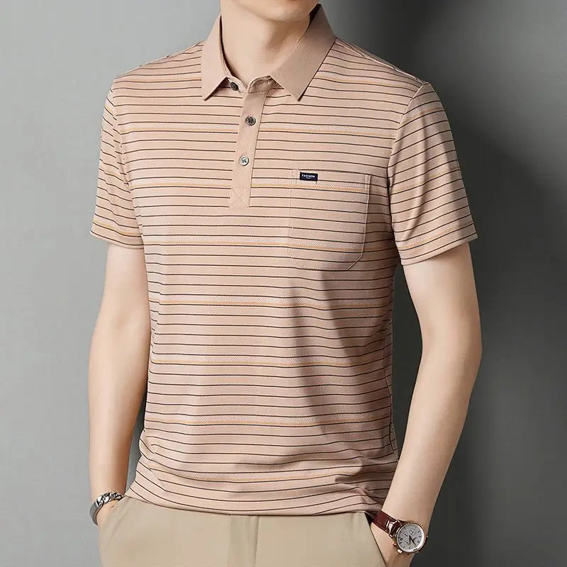Men Striped Short Sleeve Polo Shirt Slim Fit Casual Business T Shirt With Small Label Decor